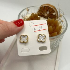 gold kenarlı beyaz yonca küpe