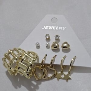 gold kalp ve yıldız detaylı çoklu küpe seti
