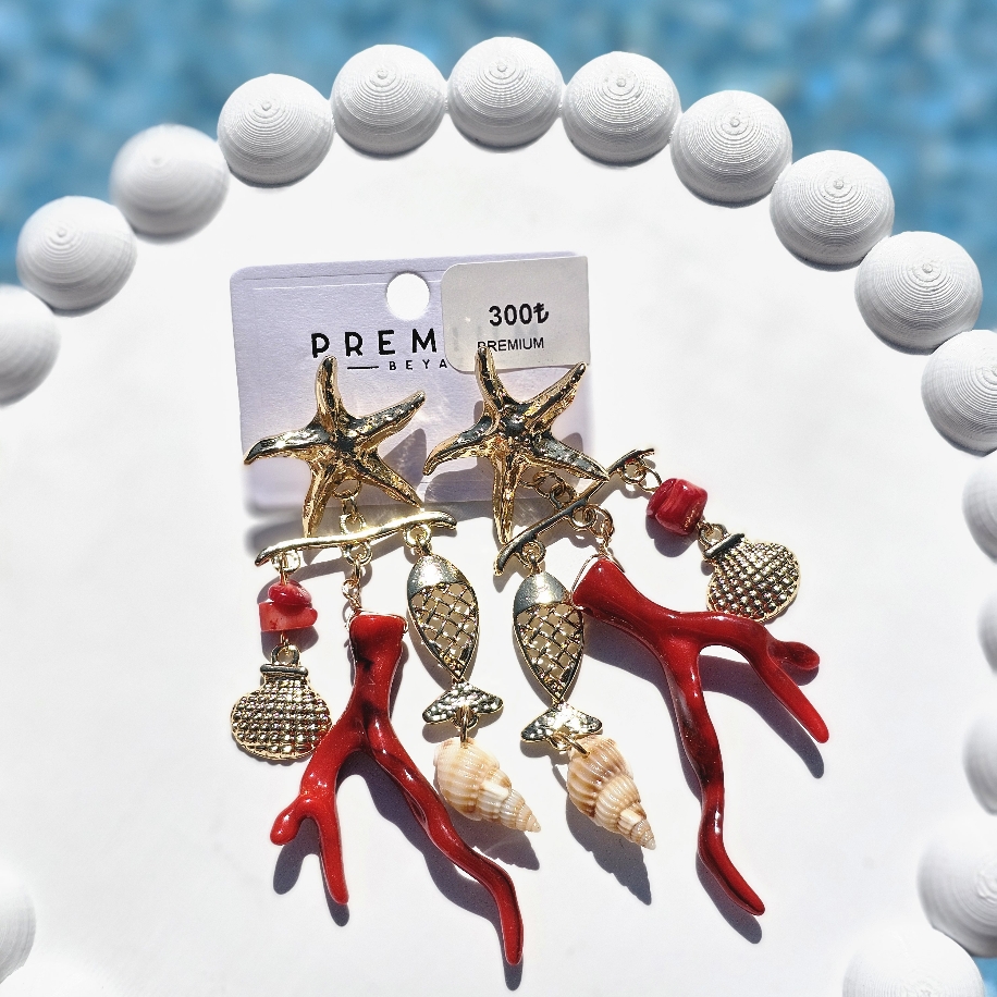 Deniz temalı kırmızı mercan küpe